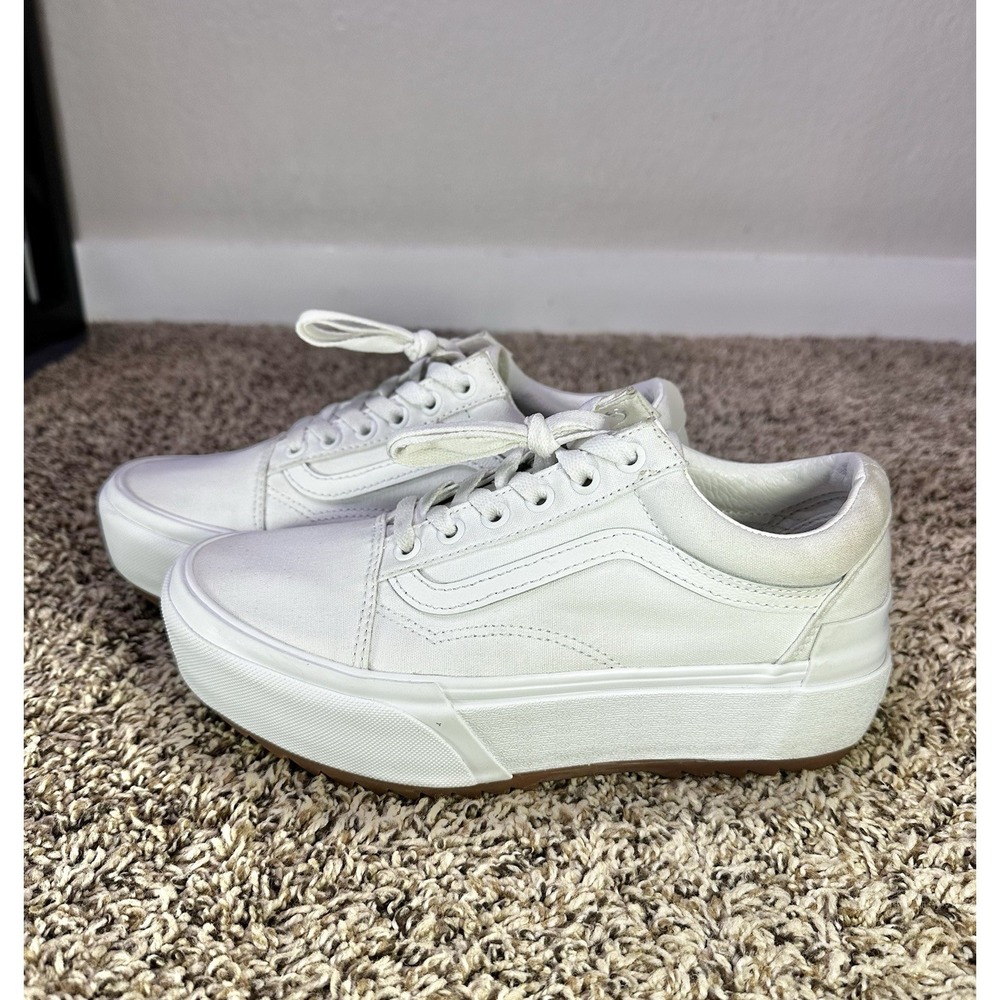 Vans Old Skool Stackform Shoes Womens Size 7.5 White Leather Platform Gum Sole